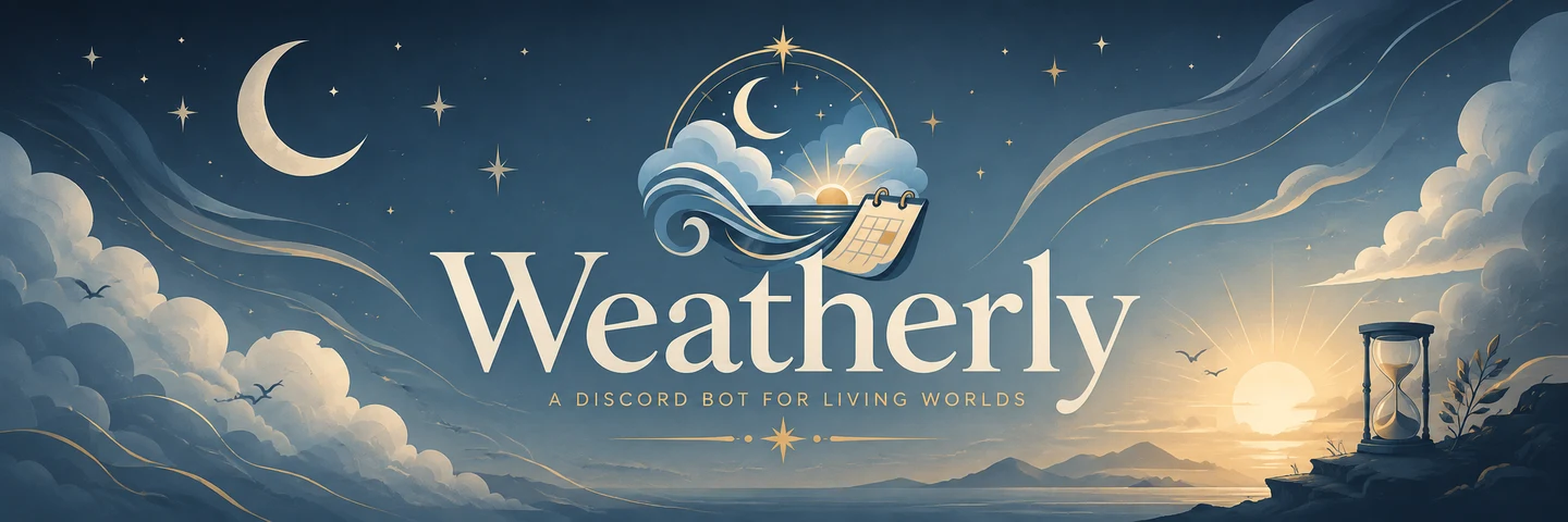 Weatherly illustrated sky with moon, clouds, sunrise, and hourglass
